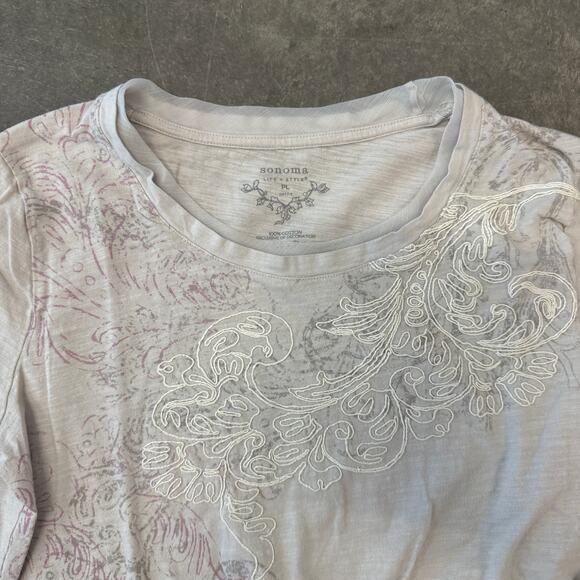 Vintage Y2k Grey White Stitch Longsleeve Abstract Cross Graphic Tee Cotton L - Picture 3 of 5